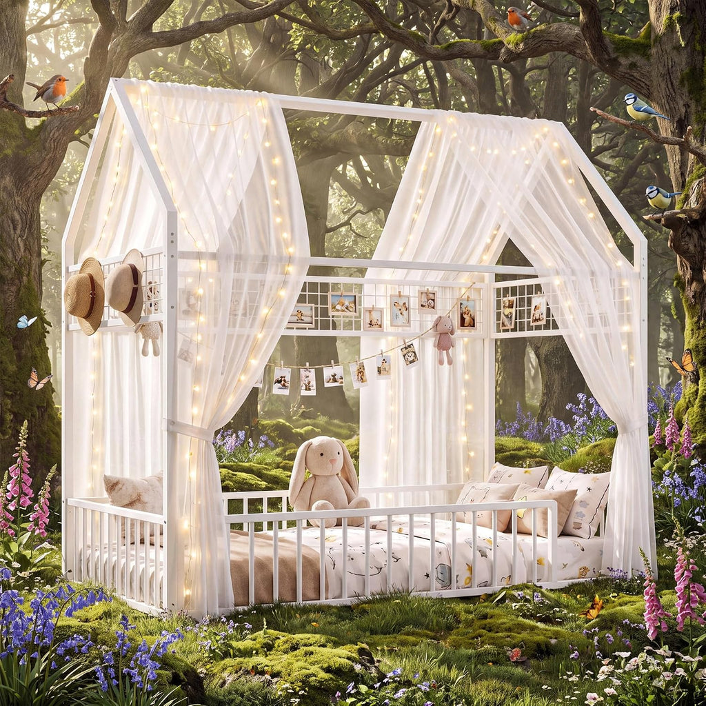 Floor Bed Frame with Fence Guardrails and Roof, White