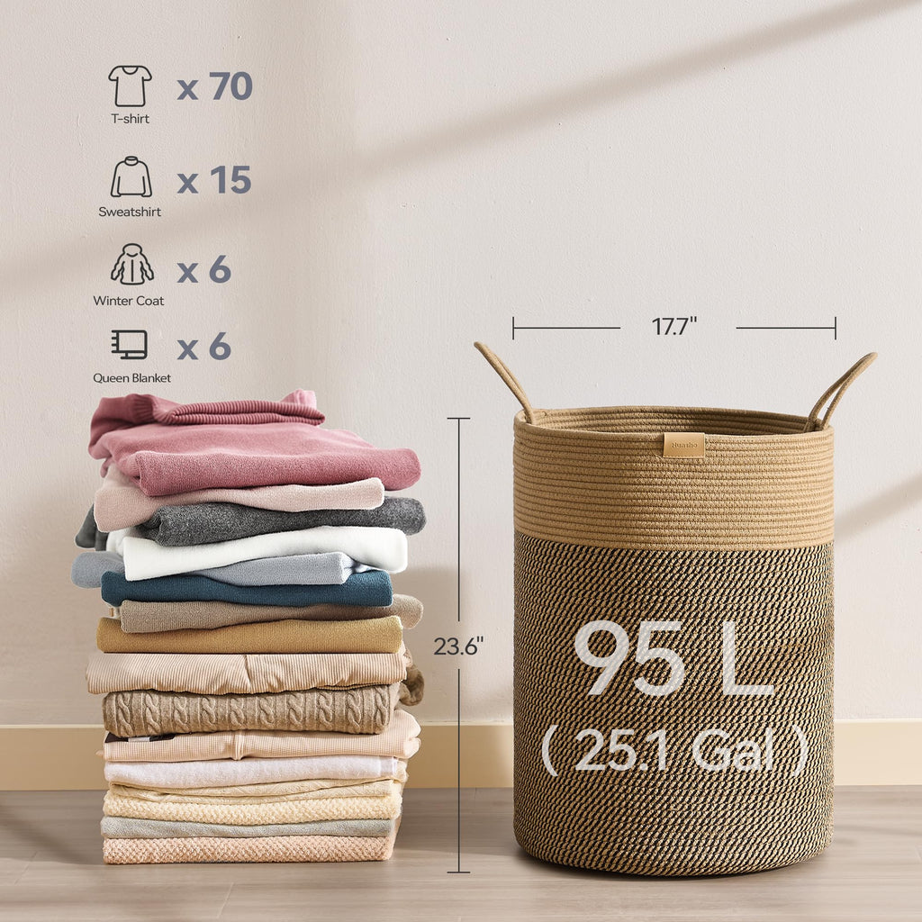 Tall Laundry Basket Hamper 95L, Cotton Rope Storage Hamper with Reinforced Handles, Decorative Blanket & Toy Basket
