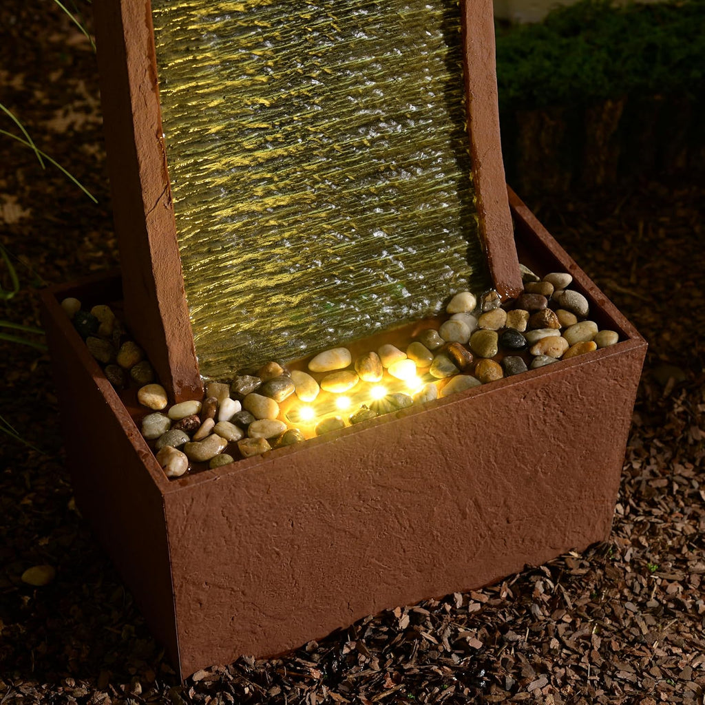 38.5" Modern Curved Faux Slate Waterfall Fountain with LED Lights, Red Rock