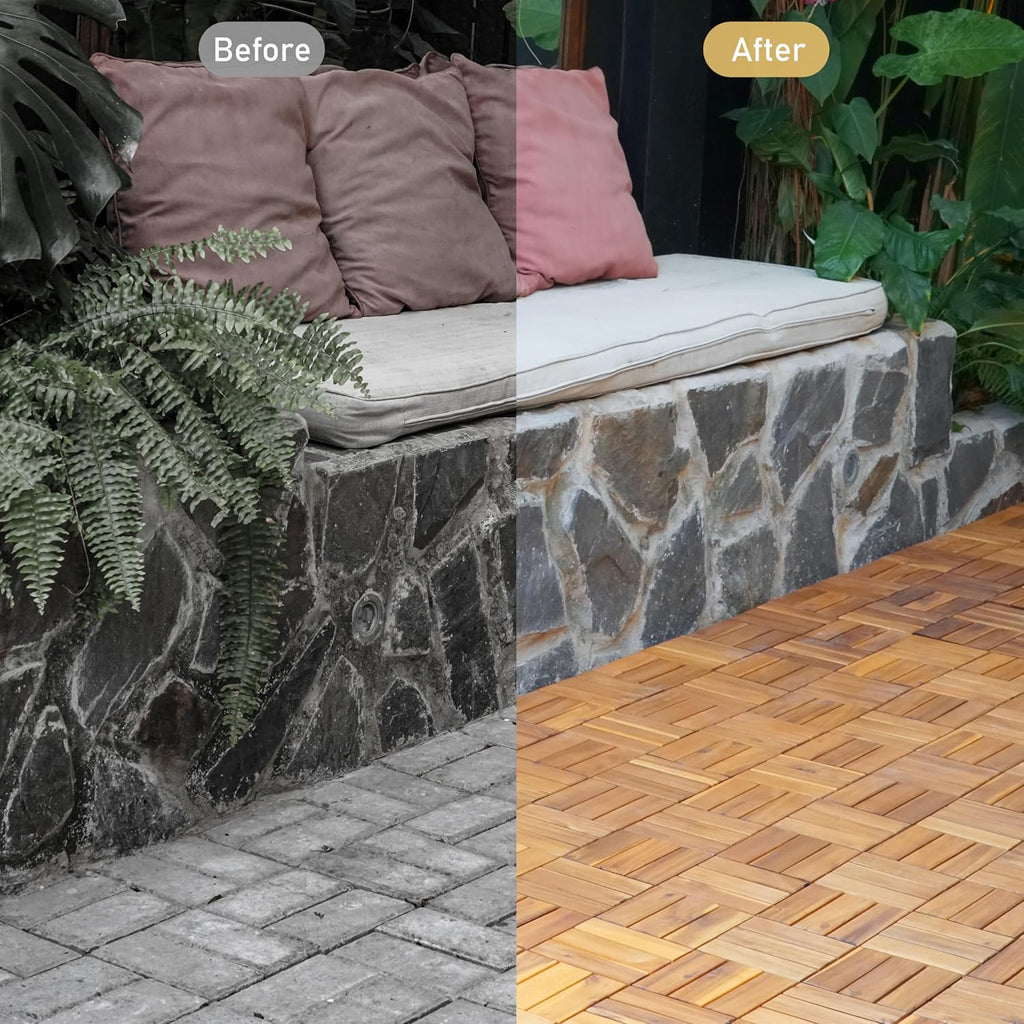 Pack of 10 Deck Tiles - 12"x12" Interlocking Natural Solid Acacia Wood for Outdoor & Indoor, Patio Garden, Balcony