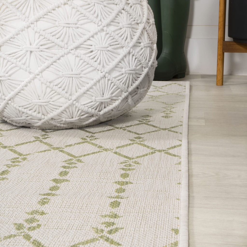 Moroccan Geometric Indoor Outdoor Runner Rug 2X10 Cream/Green, Ourika Textured Weave for Backyard, Patio, Porch