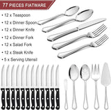 77-Piece Silverware Flatware Set for 12, Plus Steak Knives and Serving Utensils, Stainless Steel Flatware Cutlery Set