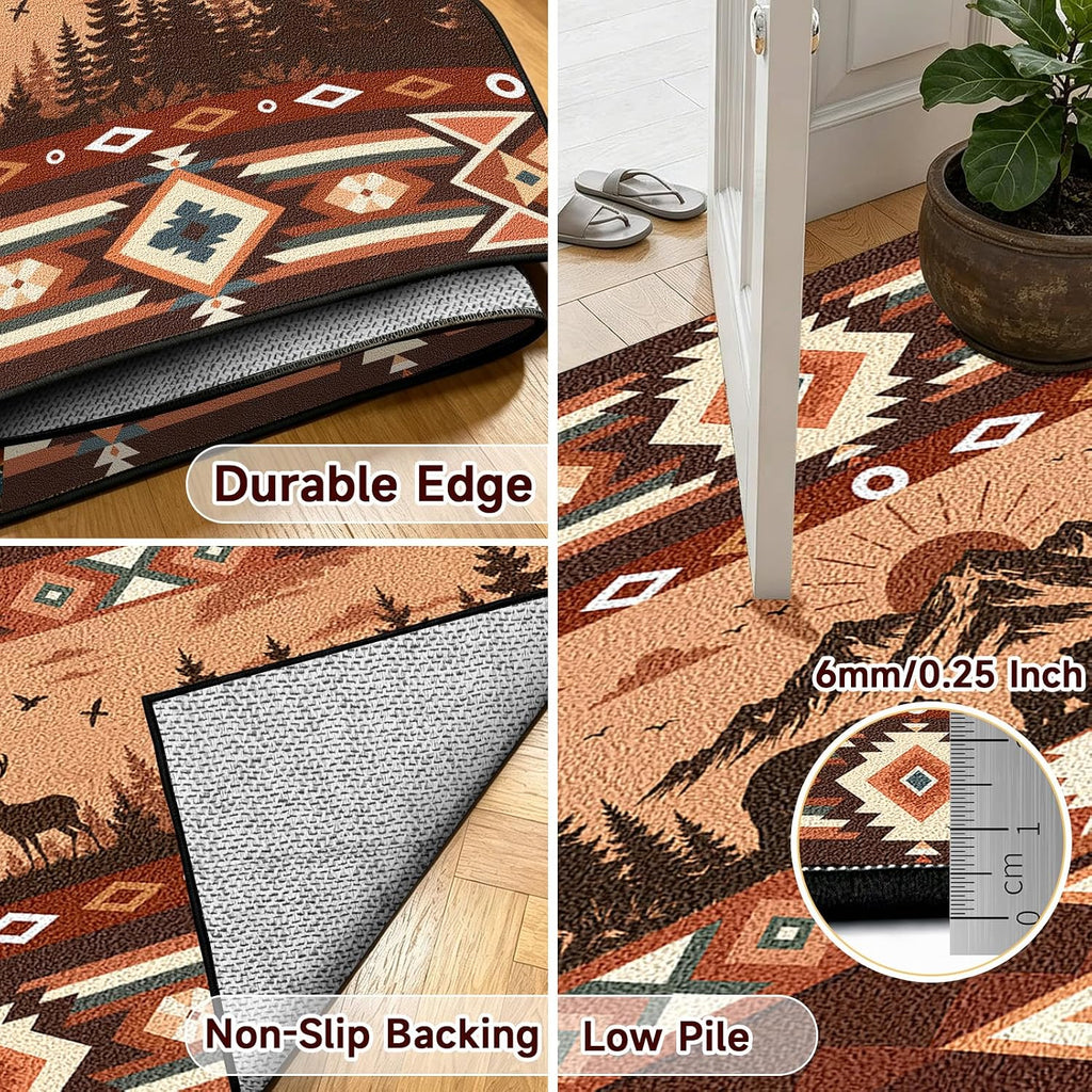 Western Aztec Area Rug, 5x7 Vintage Rustic Cabin Bear Deer Southwest Tribal Rugs, Machine Washable Non‐Slip Stain