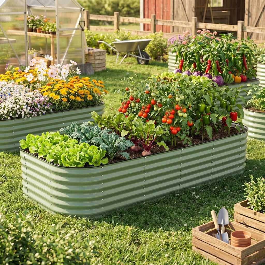 Raised Garden Bed, 11-in-1 Modular Planter, 9x2x1.4ft, Olive Green | 17" deep for root growth, Galvanized steel
