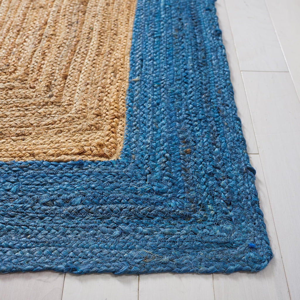 Natural Fiber Collection Area Rug - 6' Square, Natural & Blue, Handmade Flat Weave Boho Farmhouse Rustic Border Jute