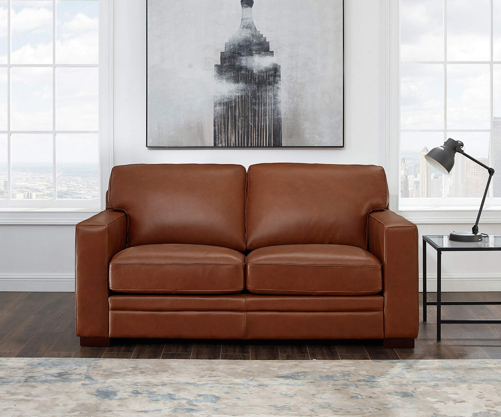 Dillon Top Grain Leather Sofa and Loveseat Set, Cinnamon Brown, Feather Down, Memory Foam and Springs Seating