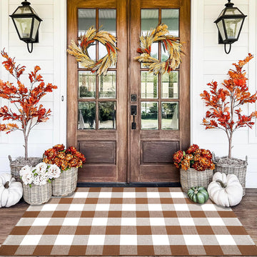 Buffalo Plaid Outdoor Rugs, 3'x5' Coffe and White Checkered Area Rug, Layering Rug for Hello/Welcome Door Mat