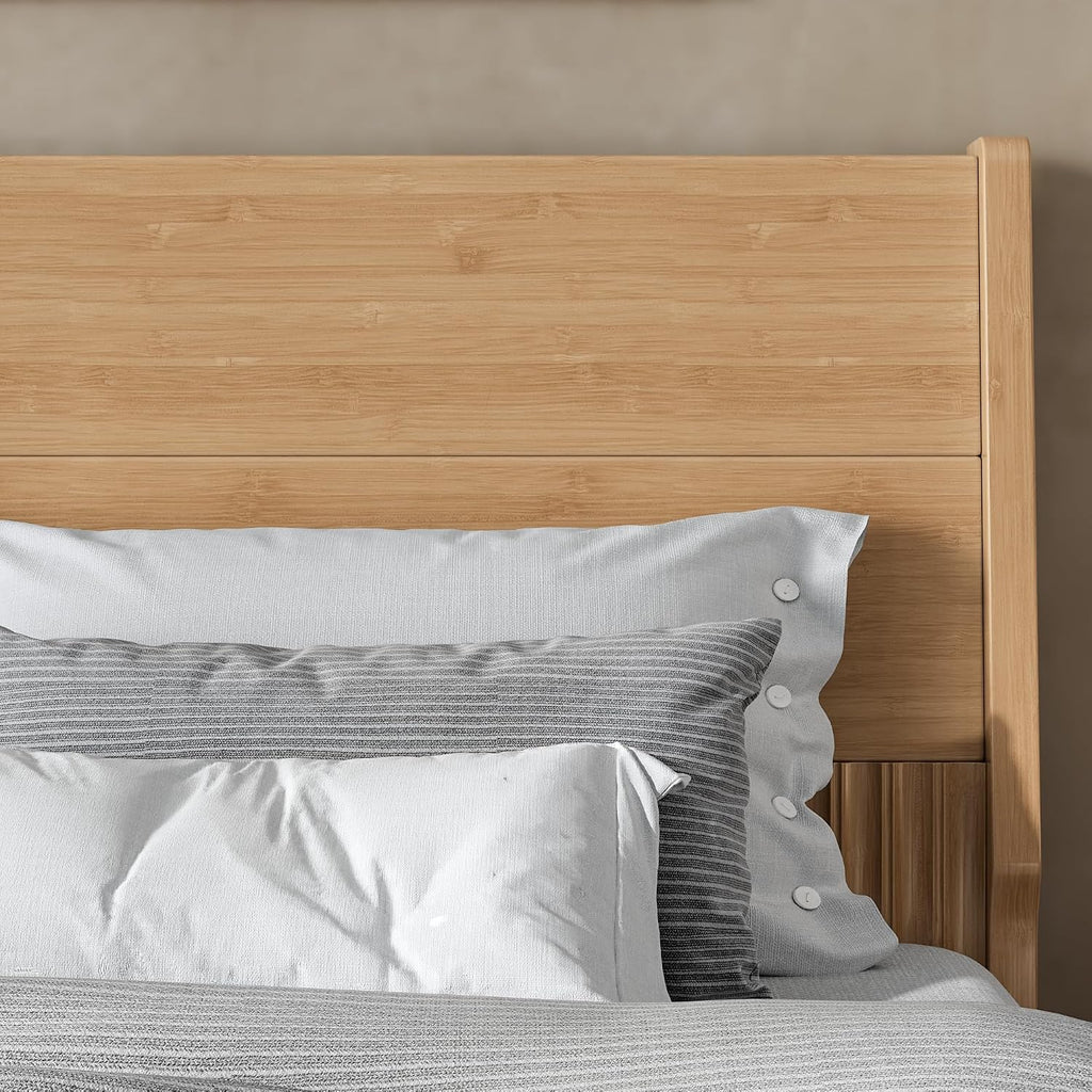 Bamboo Platform Bed Frame with Tall Headboard, Solid Bamboo Bed Frame with Support Slats, Modern Low