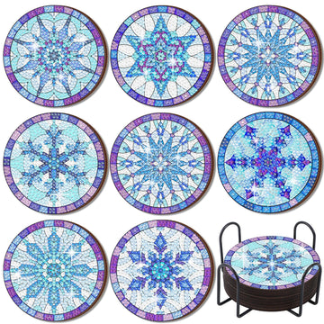 8 Pcs Snowflake Diamond Painting Coasters with Holder, Simple
