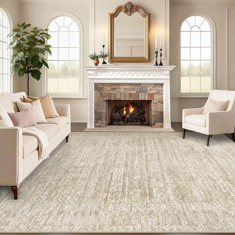 8x10 Washable Geometric Area Rug, Low Pile Non-Slip Moroccan Carpet for Living Room Bedroom Beige