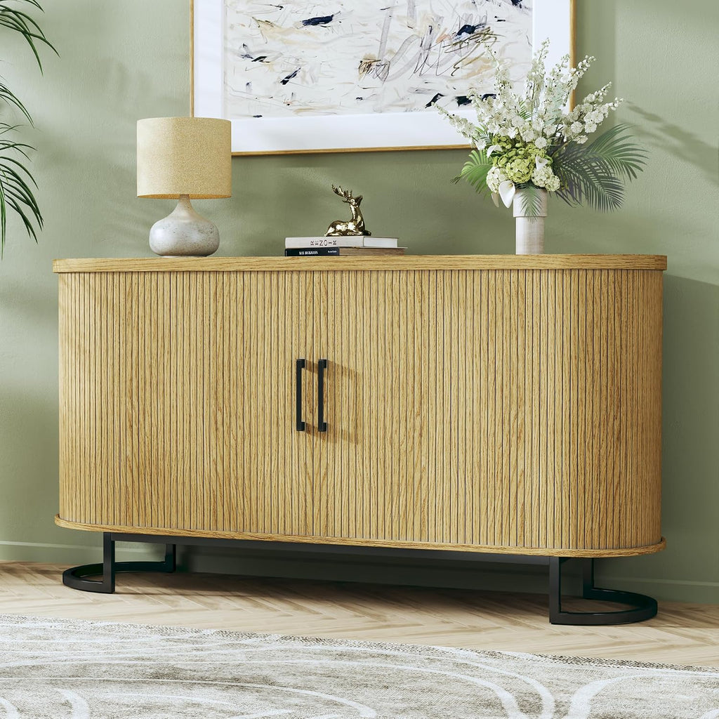 54.3" Buffet Cabinet with Storage, Fluted Sideboard with Tambour Doors, Modern Kitchen Storage Cabinet with