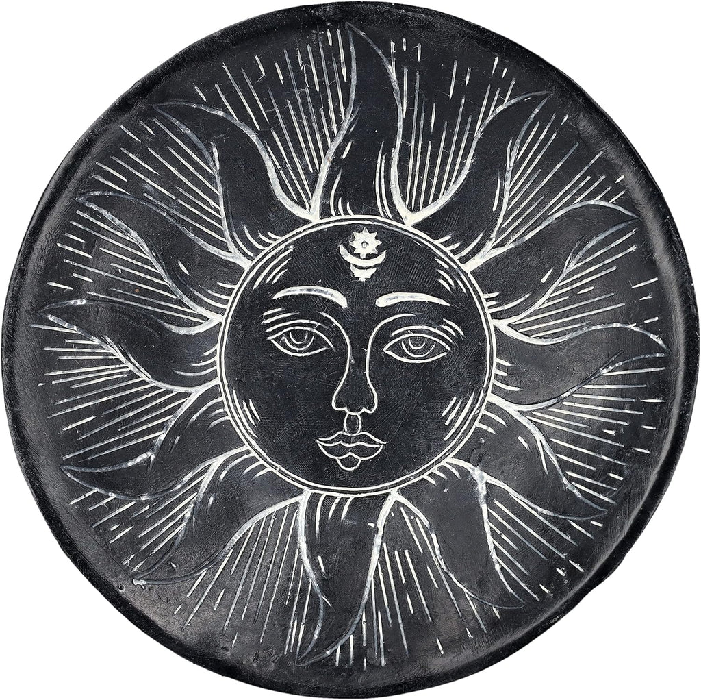 Carved Illustrated Sun and Moon Resin Trinket Bowl Black 8" Diameter