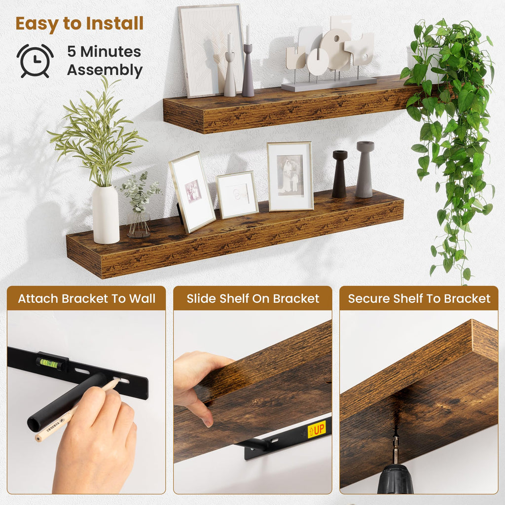 Floating Shelves 30 Inch, Wall Mounted Wood Shelf Set of 2, Farmhouse Decor, Rustic Brown