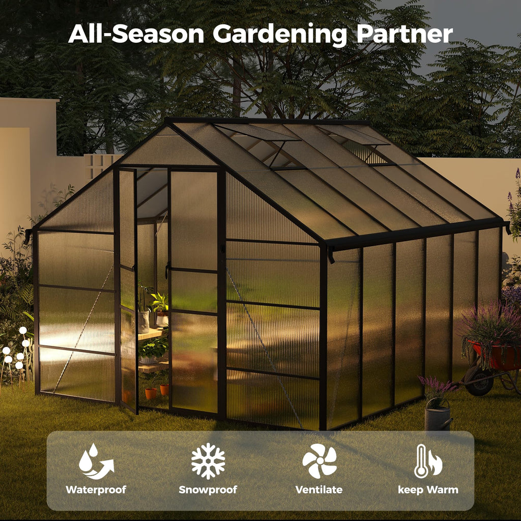 10x12 FT Greenhouse for Outdoors, Polycarbonate Greenhouse with Roof Vent, Enhanced Aluminum Large Walk-in Green