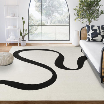 8x10 Black and Cream Area Rug | White Abstract Swirl Wave Carpet | 8' x 10' Beige/Ivory Geometric Wave Design |