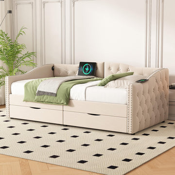 Upholstered Daybed with Drawers and USB Port, Wood Daybed with Sturdy Metal and Wood Frame, No Box Spring Needed