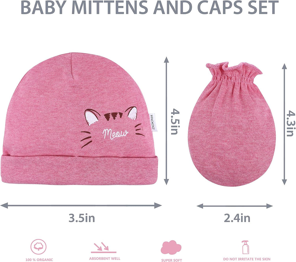 Organic Cotton Baby Mittens and Caps Set with Cute Bunny Design for Newborn 0-6 Months -, No Scratch, Ultra Soft - 5