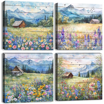 Nature Wall Art Barn Wildflower Landscape Wall Decor Farmhouse Floral Scenery Pictures Mountain Posters Living Room