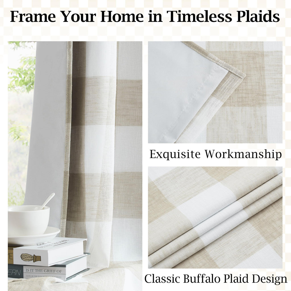 Buffalo Tan White Plaid Full Blackout Window Curtains 84 Inches Long