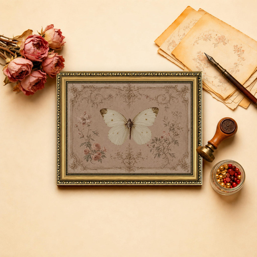 Vintage Gold Framed Butterfly Wall Art Antique White Moth Canvas Print Rustic Botanical Insect Artwork French