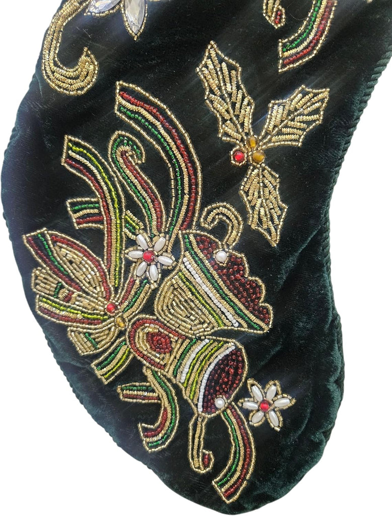 Luxury Velvet Christmas Stocking 21" x 7" - Hand Beaded, Embroidered Green Stocking with Tassel for Mantle Décor &