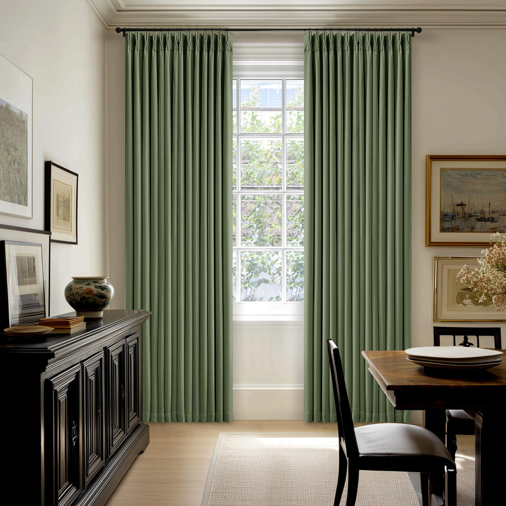 84 Inch Olive Green Linen Pinch Pleated Blackout Curtains Dual Layer