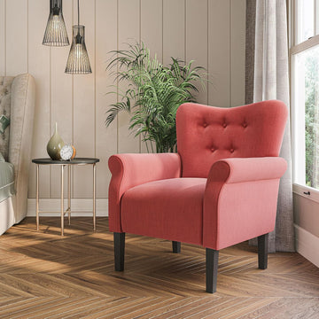 Modern Accent Chair, High Back Armchair, Upholstered Wingback Side Chair, Padded Single Sofa with Wooden Legs - Brick