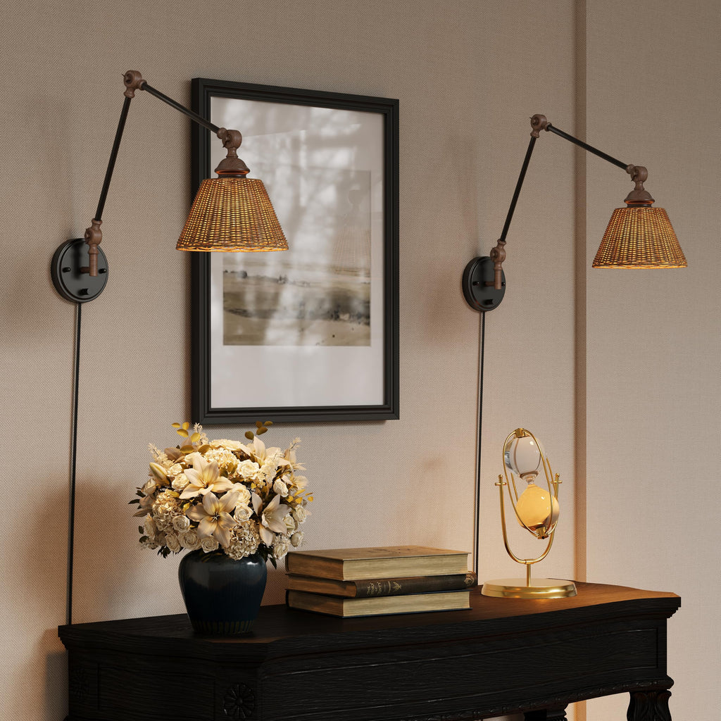 Plug in Wall Sconces Set of Two, Black Walnut Swing Arm Wall Lamp with 6.6FT Plug-in Cord and Knob Switch, Rattan