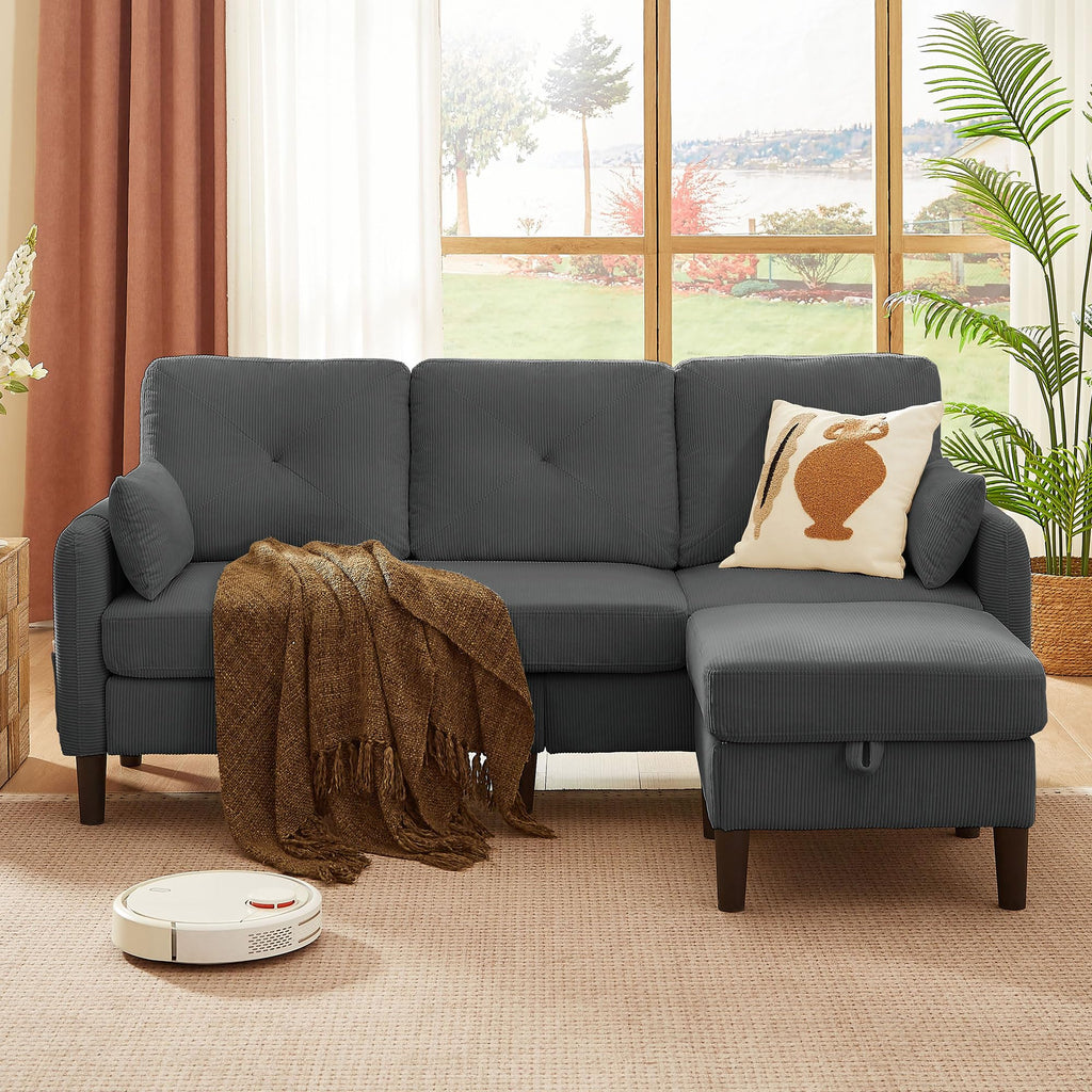 Modern Sectional Sofa with Storage Ottoman, L-Shaped 3-Seat Couch with 2 Pillows and Side Storage Pockage, Reversible