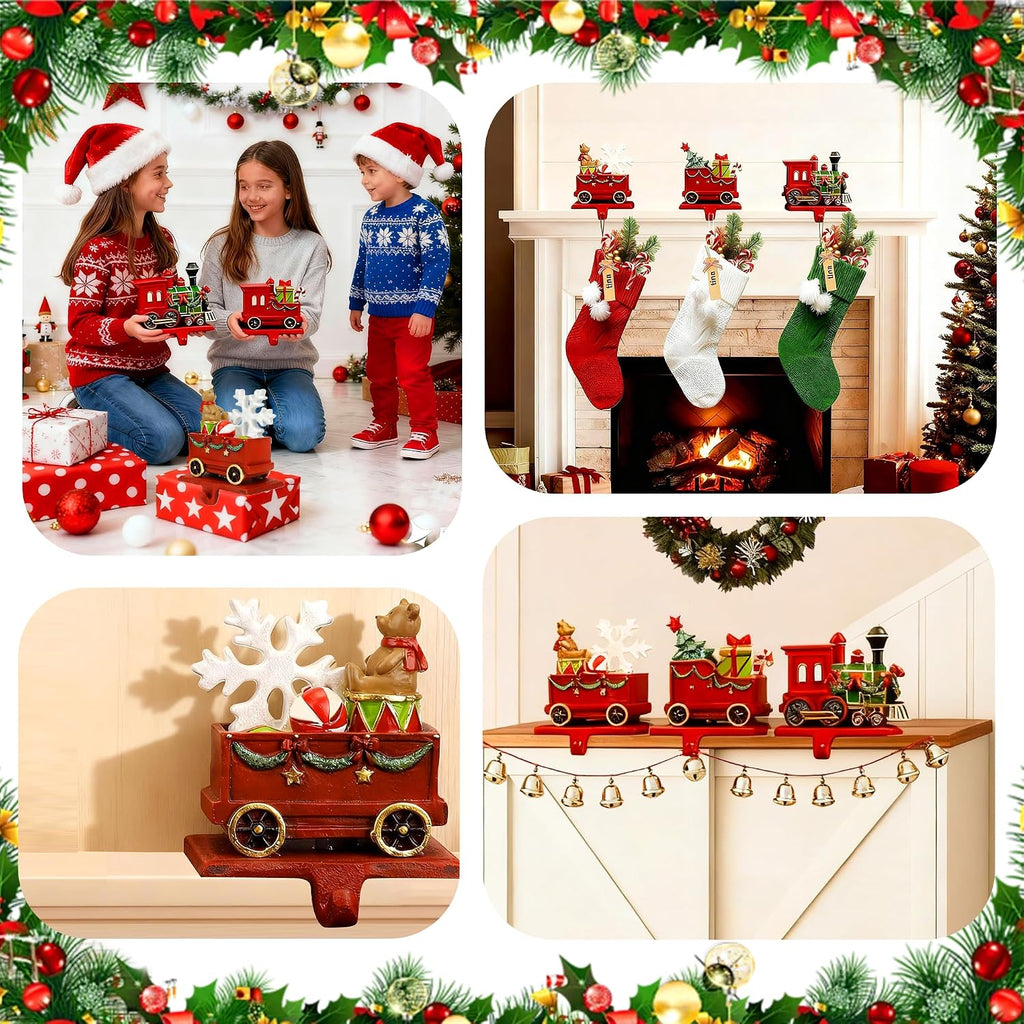 Christmas Train Stocking Holders for Mantle with Hook Set of 3, Red Cast Iron Weighted Stocking Hooks,Heavy Duty