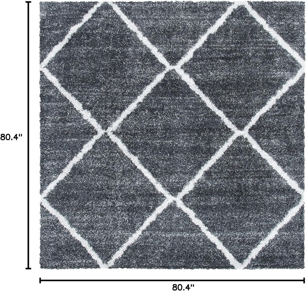August Shag Collection Area Rug - 6'7" Square, Dark Grey & Ivory, Trellis Design, Non-Shedding & Easy Care, 1.25-inch