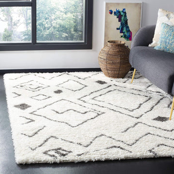 Flokati Shag Collection Area Rug, Ivory & Charcoal, Moroccan Design, Non-Shedding & Easy Care