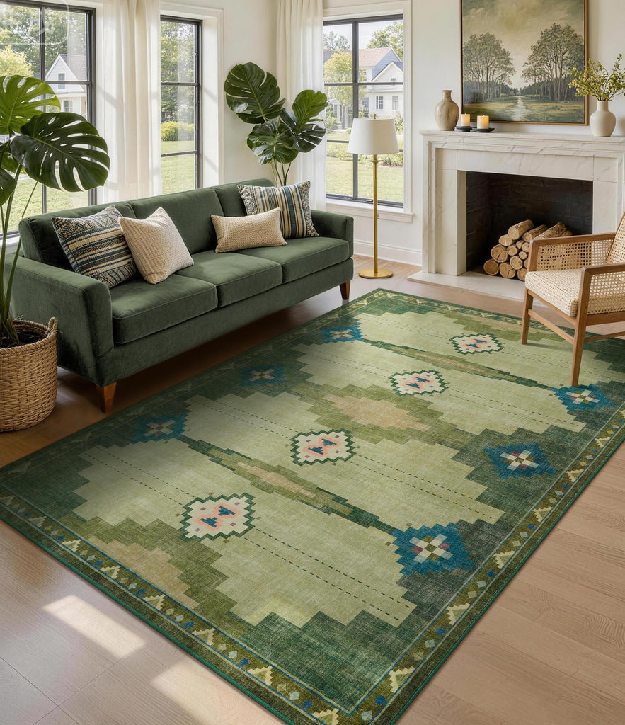 Washable Green Mid Century Modern Area Rug