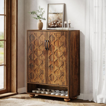 Shoe Cabinet, Farmhouse Tall Shoe Cabinet with Doors and Adjustable Shelves, Solid Wood Shoes Storage, Foyer