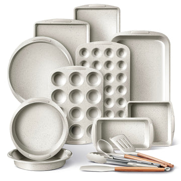 Nonstick Stackable Bakeware Set - Durable, Easy Release Baking Set, Cream, 14 Pcs