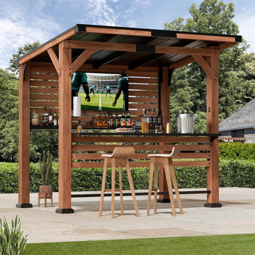 Modern Shade Cedar Wood Outdoor Bar with Shelves & Paper Towel Holder, Grill Gazebo with USB and USB-C Charging Ports