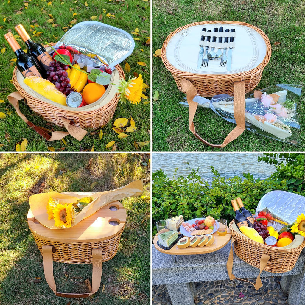 Wicker Picnic Basket Set for 4 with Mini Folding Wine Picnic Table & Large Insulated Cooler Bag & Cutlery Service