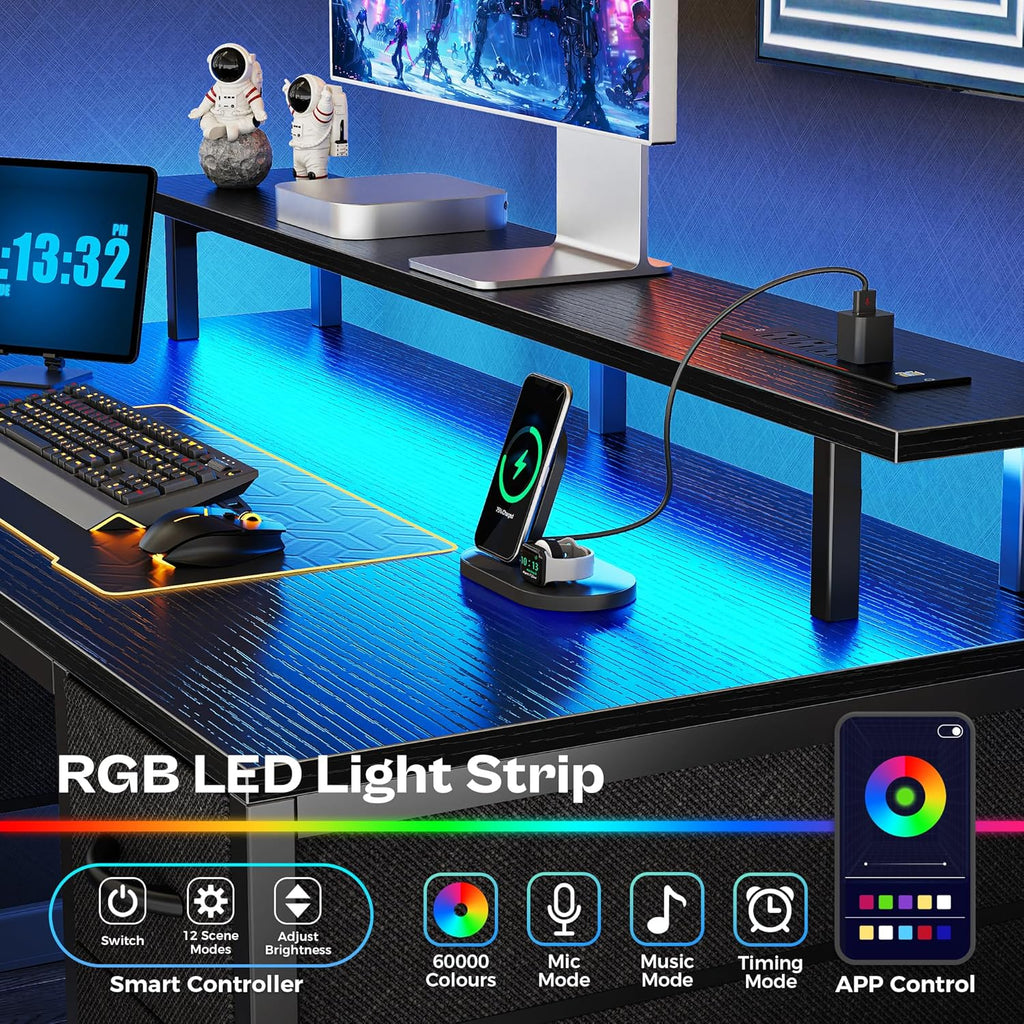 47 inch Computer Desk with 4 Drawers, Gaming Desk with LED Lights & Power Outlets