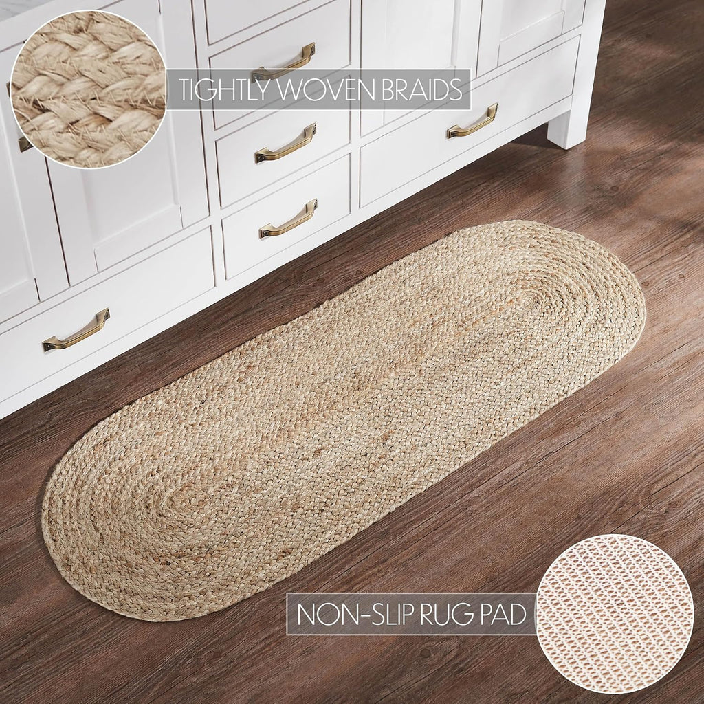 Jute Rug 17x48 w/Pad, Jute Area Rug, Accent Rug, Floor Decor, Braided, Natural Jute Collection, Oval 17x48, Natural