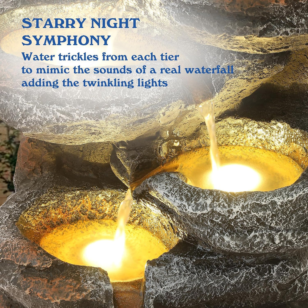 Outdoor Cascading Rock Water Fountain, 6-Tier Fountain and Waterfall | Garden Freestanding Resin Waterfall Feature