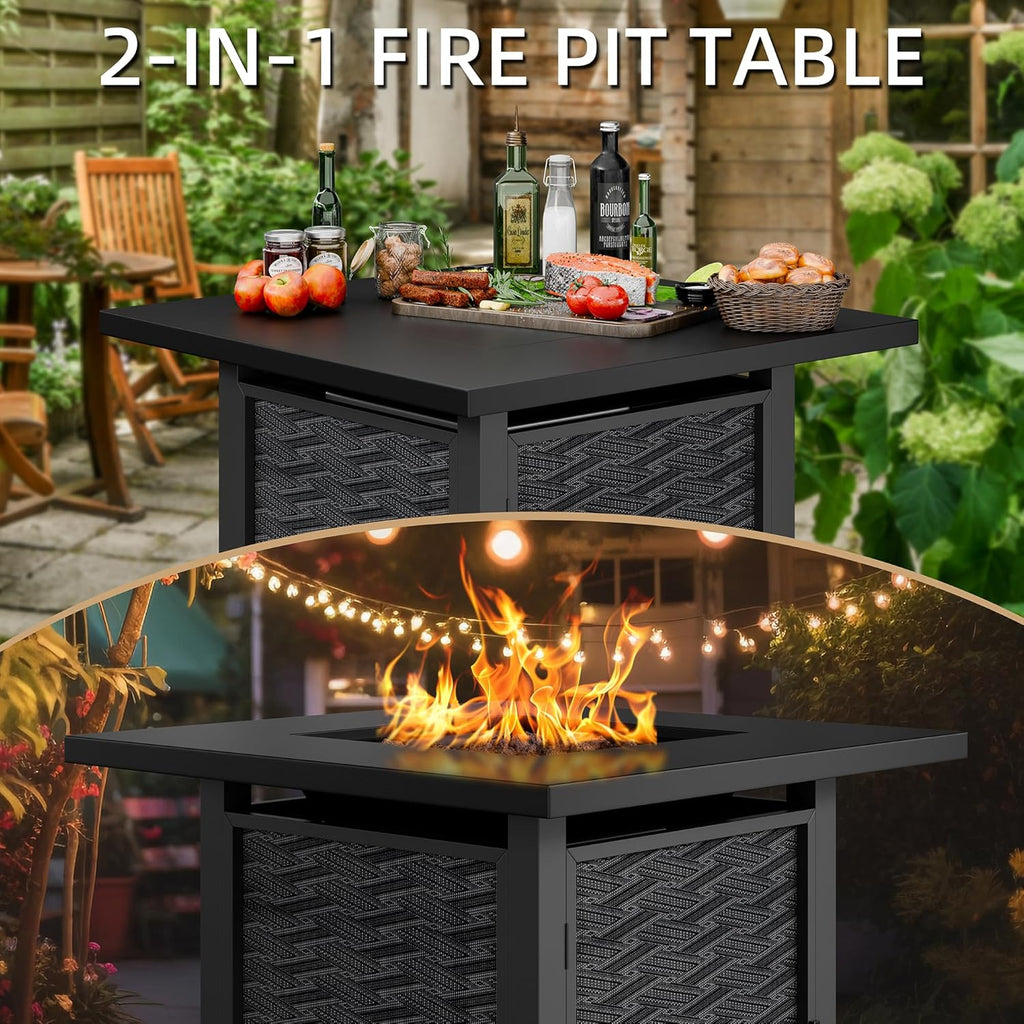 Propane Fire Table, 28 in Outdoor Fire Pit Table with Lava Rocks, 50,000 BTU Square Fire Table with Lid and Rain Cover