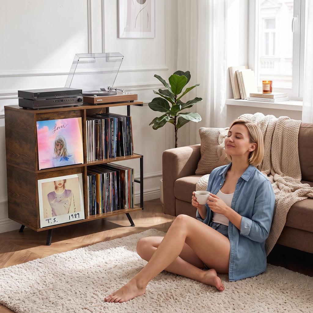 Flip Top Record Player Stand with Vinyl Storage Up to 300+ Albums