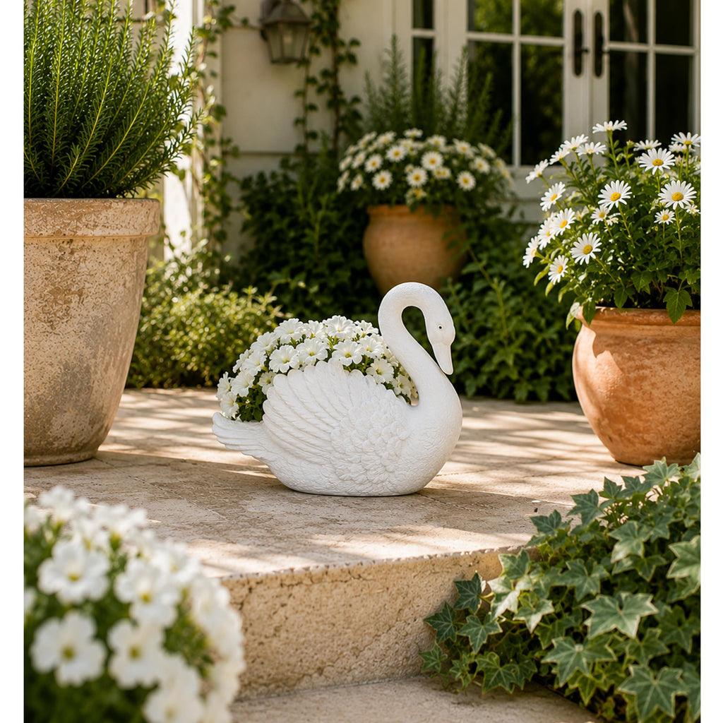 Swan Cast Stone Planter Garden Decor - White