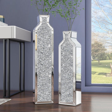 Floor Vase Crushed Diamond Mirrored Vase - Silver Floor Standing Vases Set of 2-24" & 30" Large Crystal Tall Vases
