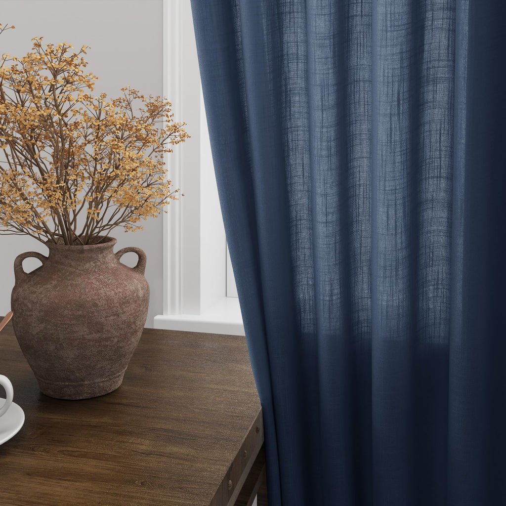 Denim Blue Linen Curtains 102 Inches Long Rod Pocket Back Tab Drapes 2 Panels Set Sheer Light Filtering Semi Sheer