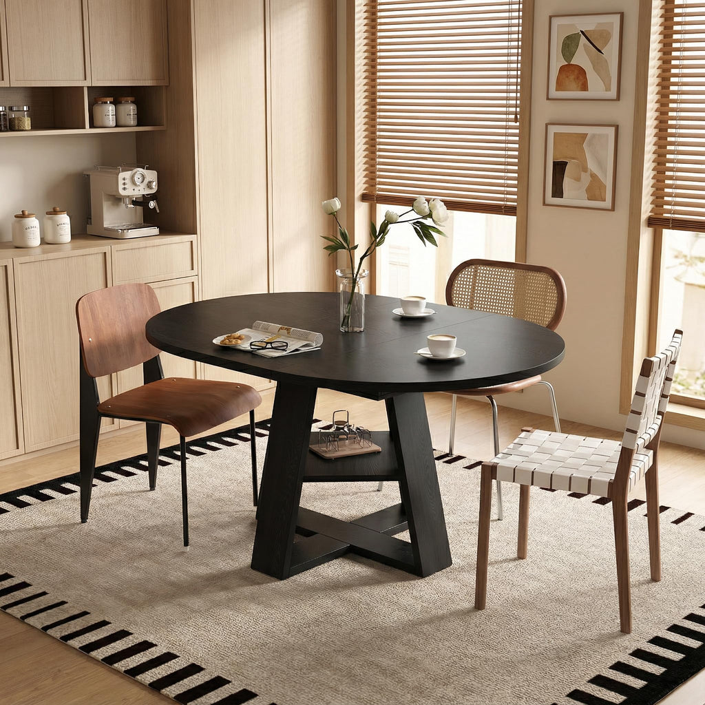 Black Extendable Round Dining Table for 4-6, 43.3"-59" Round to Oval Kitchen Table with Storage Shelf, Modern