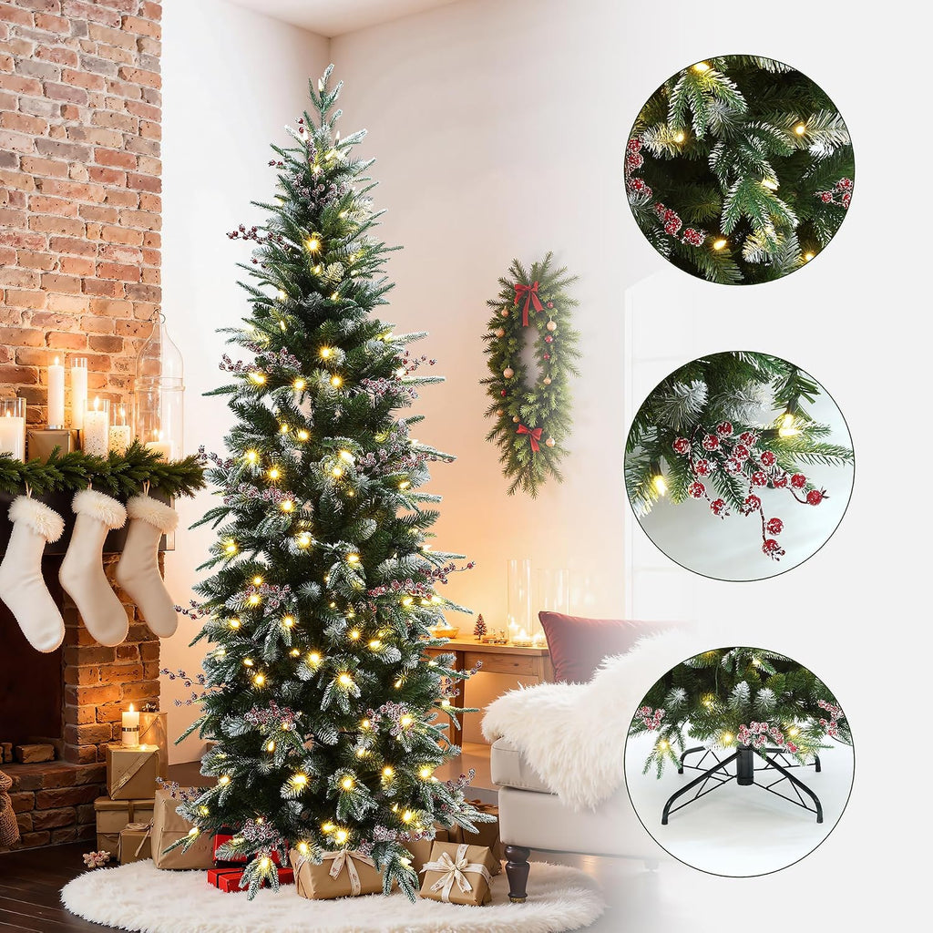 LuxenHome 6.5FT Slim Christmas Tree, Prelit Skinny Artificial Christmas Tree with 190 LED Lights, Realistic Pencil