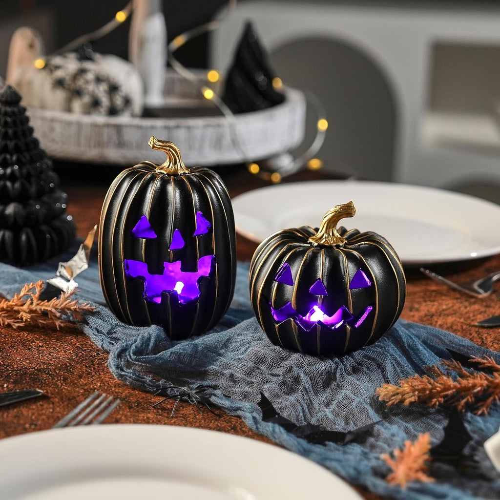 Light Up Black Jack O Lantern Pumpkins Halloween Decor - Set of 2