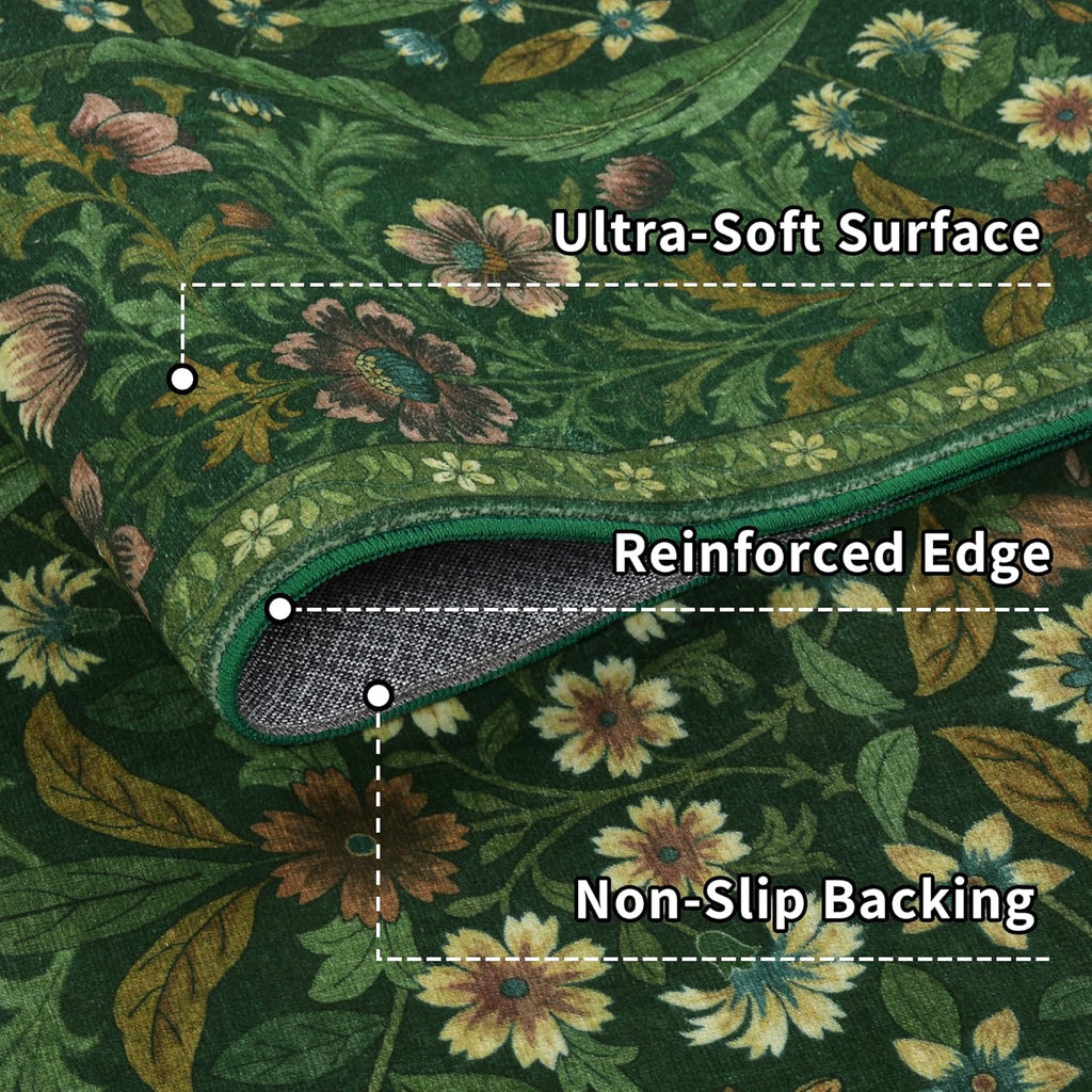 3x5 Dark Green Boho Floral Vintage Area Rug,Soft Lightweight Low Pile Non-Shedding Carpet,Machine Wa