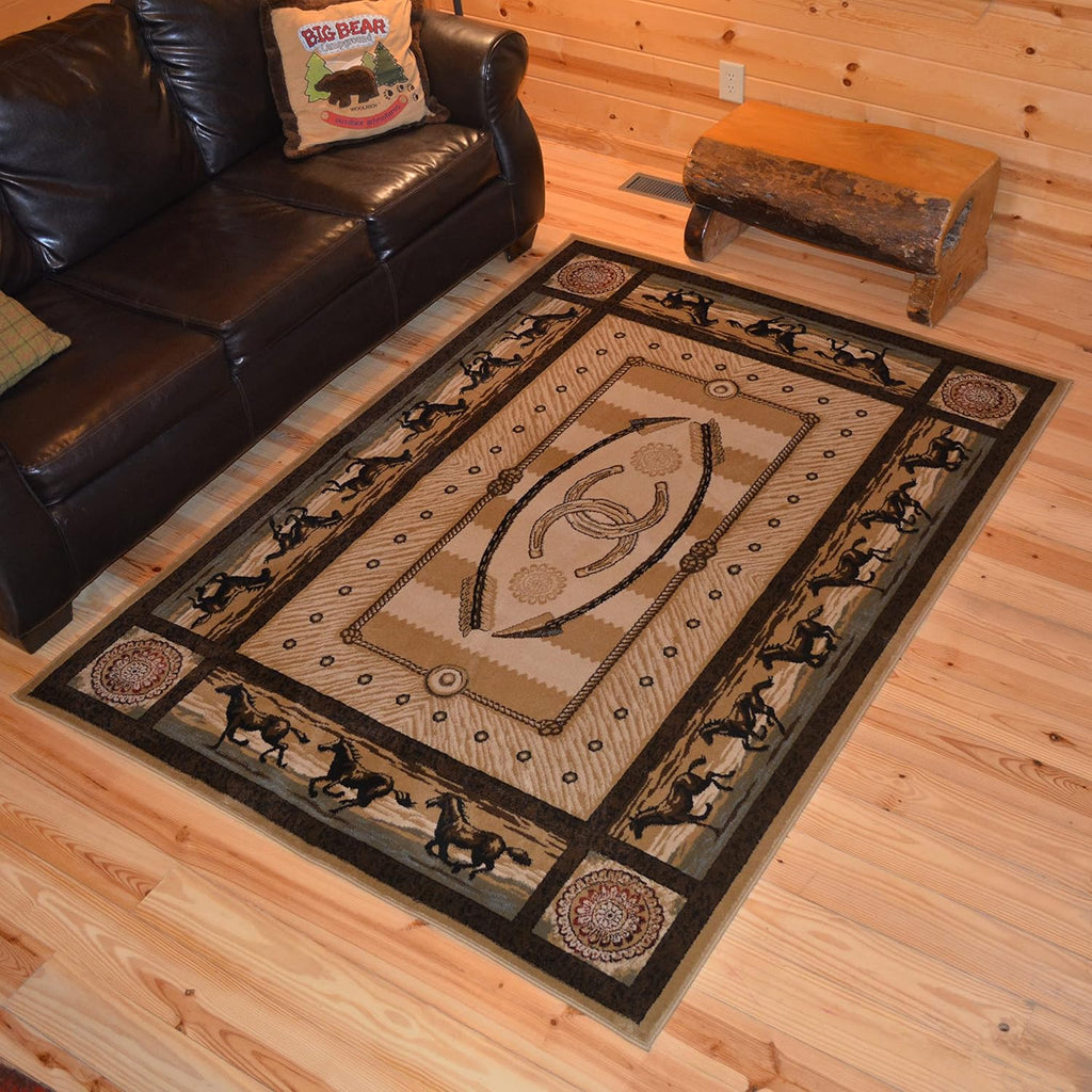 Western Horse Beige Area Rug